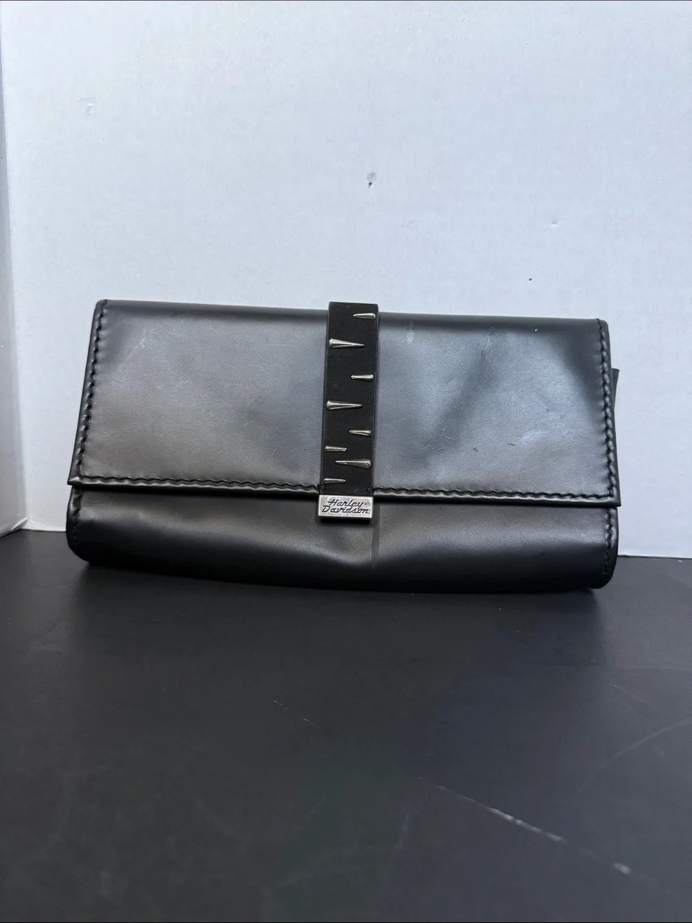 Vintage Black Leather Clutch with Stud-Accent